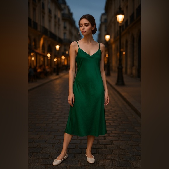 Anthropologie See You Monday Satin Slip Dress M Green Midi Fairycore Balletcore - Picture 2 of 11